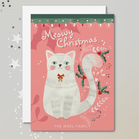 Carte de Noël plate illustrée avec un chat blanc
