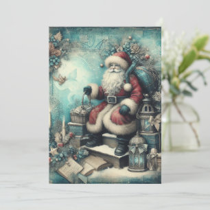 Carte de Noël plate non-photo vintage bleu Père No