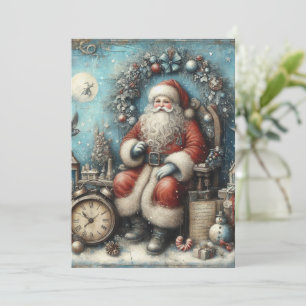 Carte de Noël plate non-photo vintage bleu Père No
