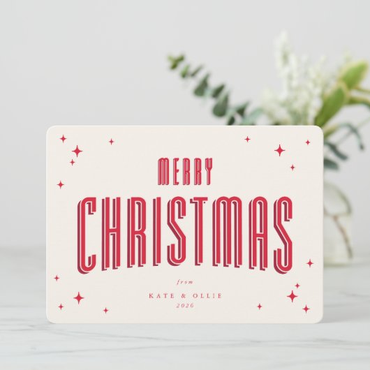 Carte de Noël plate rétro étoiles crème et rouge (Debout devant)