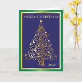 Carte de Noël pliée bleue clair, or et verte (Fleur jaune)