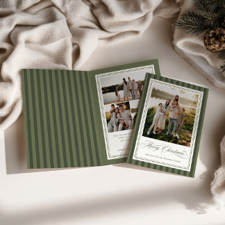 Carte de Noël pliée verte rayée avec photo pour le