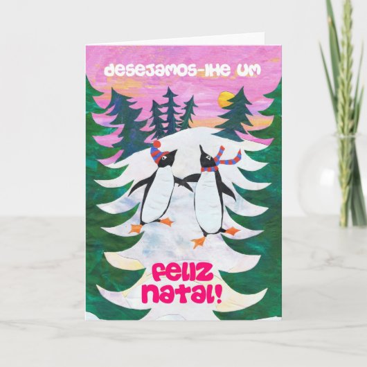 Carte de Noël portugaise - Pingouins de patinage (Devant)