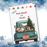 Carte de Noël pour camion de ferme Shorthair Point<br><div class="desc">Un pick-up bleu turquoise porte un arbre de Noël décoré et des paquets cadeaux sur le devant de cette jolie carte de Noël. Un beau rival allemand Shorthair surplombe la porte arrière. Un panneau en bois rustique sur le pare-chocs arrière dit "Cheer de Noël". En haut de la carte se...</div>