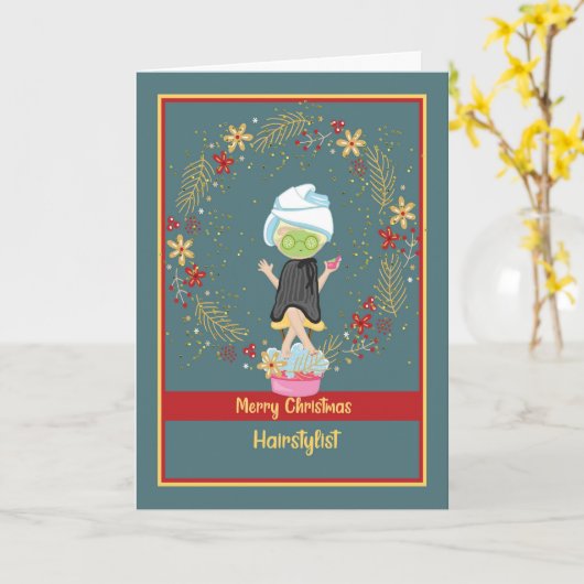 Carte de Noël pour coiffeur en vert (Fleur jaune)