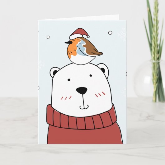 CARTE DE NOËL POUR ENFANT PLIÉE OURS AVEC OISEAU (Devant)