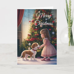Carte de Noël pour petite fille et chien-amour et 