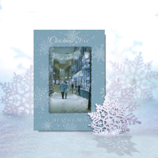 Carte de Noël « Que la neige tombe » bleu feuille