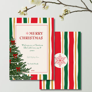 Carte de Noël rayée avec sapin et rubans rouges
