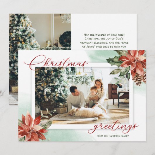 Carte de Noël Red Poinsettia Holly 2 Photo (Devant / Derrière)