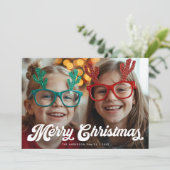 Carte de Noël Rétro Blanc Script Une Photo (Debout devant)