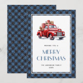 Carte de Noël Retro Red Truck bleu Plaid (Devant / Derrière)