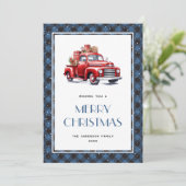 Carte de Noël Retro Red Truck bleu Plaid (Debout devant)