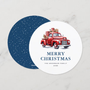 Carte de Noël Retro Red Truck Blue Merry