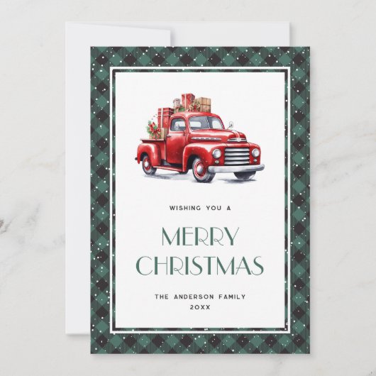 Carte de Noël Retro Red Truck Green Plaid (Devant)