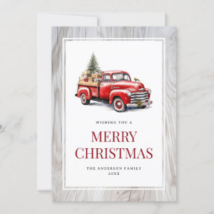 Carte de Noël Retro Red Truck Rustic Wood Joyeux