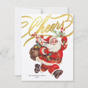 Carte de Noël rétro Santa Gold Script Cheers sans