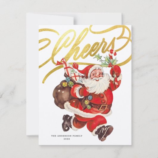 Carte de Noël rétro Santa Gold Script Cheers sans (Devant)