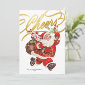 Carte de Noël rétro Santa Gold Script Cheers sans (Debout devant)