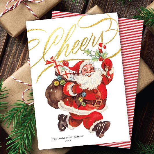 Carte de Noël rétro Santa Gold Script Cheers sans