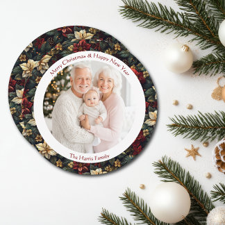 Carte de Noël ronde vintage Poinsettias Noël