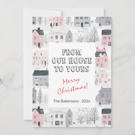 Carte de Noël rose gris blanc Maisons Vintages (Devant)