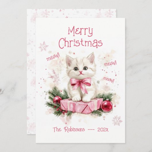 Carte de Noël rose Little Kitten (Devant / Derrière)