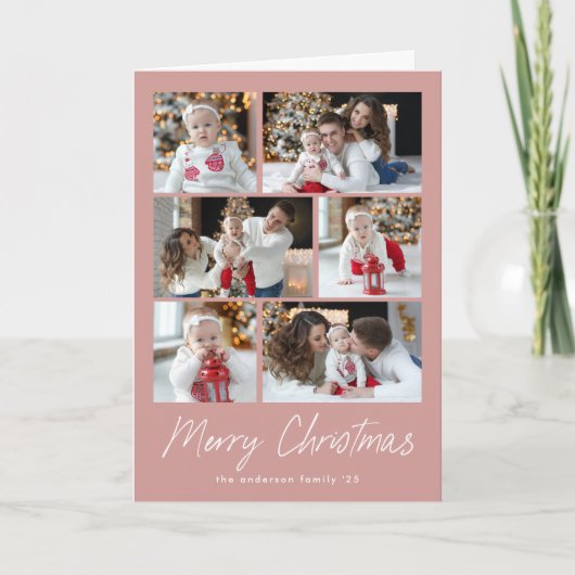 Carte de Noël Rose Poussiéreuse Script 6 Photo Col (Devant)