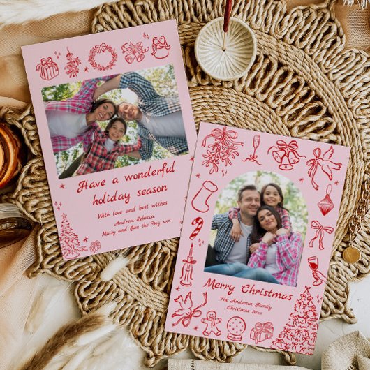 Carte de Noël rose tendance Doodle Carte de vacanc