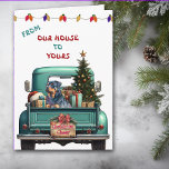Carte de Noël Rottweiler Chien Retro Farm Truck<br><div class="desc">Un pick-up bleu turquoise porte un arbre de Noël décoré et des paquets cadeaux sur le devant de cette jolie carte de Noël. Un beau chien Rottweiler regarde du hayon arrière. Un panneau en bois rustique sur le pare-chocs arrière dit "Cheer de Noël". En haut de la carte se trouve...</div>