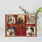 Carte de Noël rouge avec photo et écriture dorée (Debout devant)