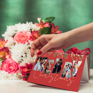 Carte de Noël rouge et or avec plusieurs photos