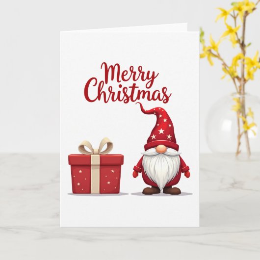 Carte de Noël rouge Gnome (Fleur jaune)