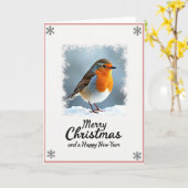 Carte de Noël Rouge Oiseau enneigé (Fleur jaune)