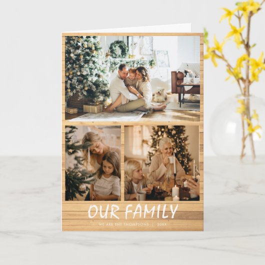Carte de Noël Rustic Custom Three Photo Collage (Fleur jaune)