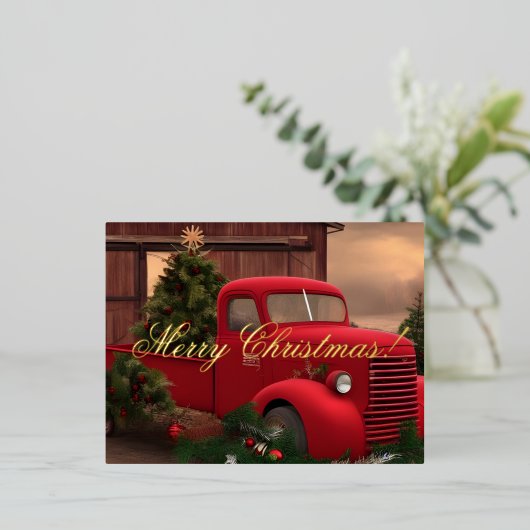 Carte de Noël Rustic Red Truck and Trees (Debout devant)
