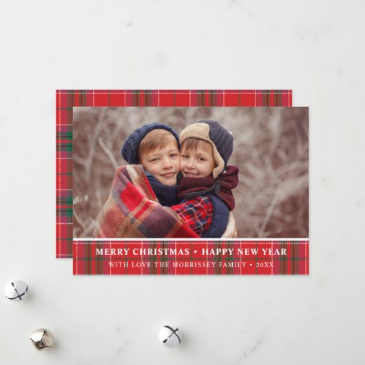 Carte de Noël rustique à carreaux rouges et verts (Devant/Arrière en situation)
