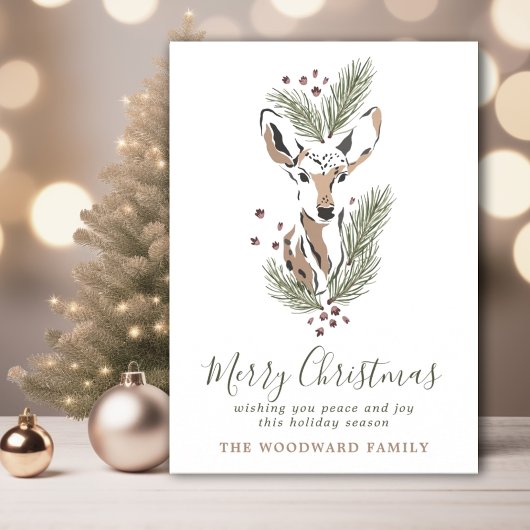 Carte de Noël rustique aquarelle cerf pin