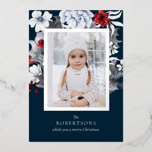 Carte de Noël Silver Foil Navy Foliing Photo (Recto)