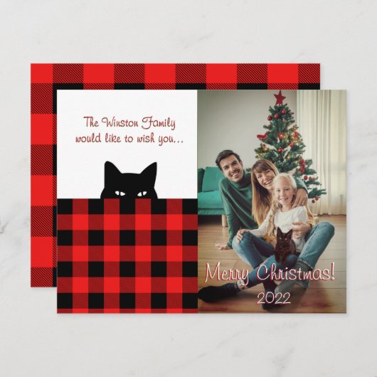 Carte de Noël Sneaky Chat Buffalo Check Plaid (Devant / Derrière)