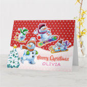 Carte de Noël snowmen carte de nom personnalisée. (Fleur jaune)