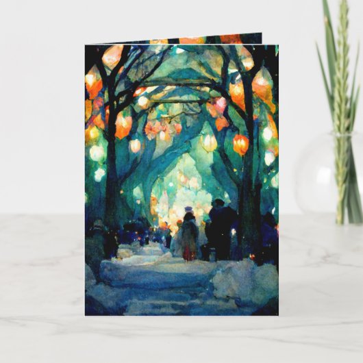 carte de Noël soirée rassemblement lumières coloré (Devant)