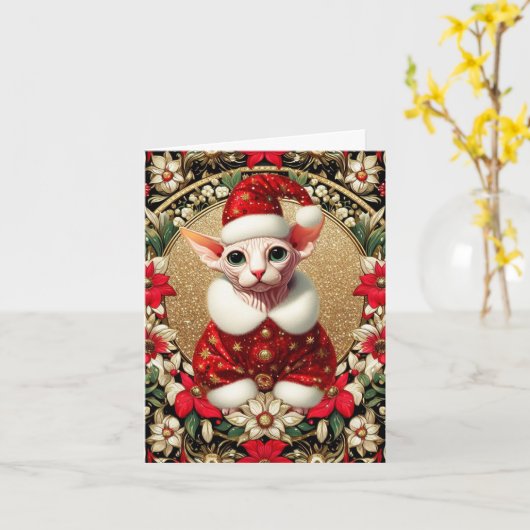 Carte de Noël Sphynx Chat Père Noël (Fleur jaune)