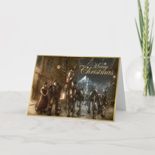 carte de noël steampunk père Noël et rennes (Devant)