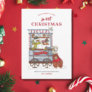 Carte de Noël Sweet Snowman Candy Cart Watercolor