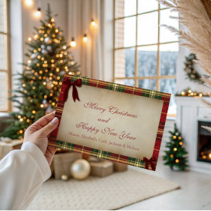 Carte de Noël Tartan à nœud rouge