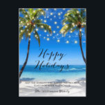 Carte de Noël Tropical Coastal Beach<br><div class="desc">Carte de Noël Tropical Coastal Beach - dispose d'une magnifique plage tropicale,  avec des lumières à cordes brillantes et une jolie typographie de script. La carte postale Holiday fait partie d'une collection.</div>