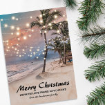 Carte de Noël Tropical Coastal Beach<br><div class="desc">Carte de vacances vintage de noël de plage avec coucher de soleil sur la plage tropicale avec palmiers luxuriants,  lumières à corde,  Joyeuses Fêtes et votre nom.</div>