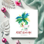 Carte de Noël tropicale<br><div class="desc">Ces cartes de voeux de Noël en bord de plage sont ornées d'un palmier exotique d'inspiration insulaire et de Père Noël de vacances mignonnes. Les mots "Merry Beach-mas" sont placés en lettres à la main. Utilisez les champs modèle pour ajouter votre salutation personnalisée. Un choix charmant à envoyer à vos...</div>