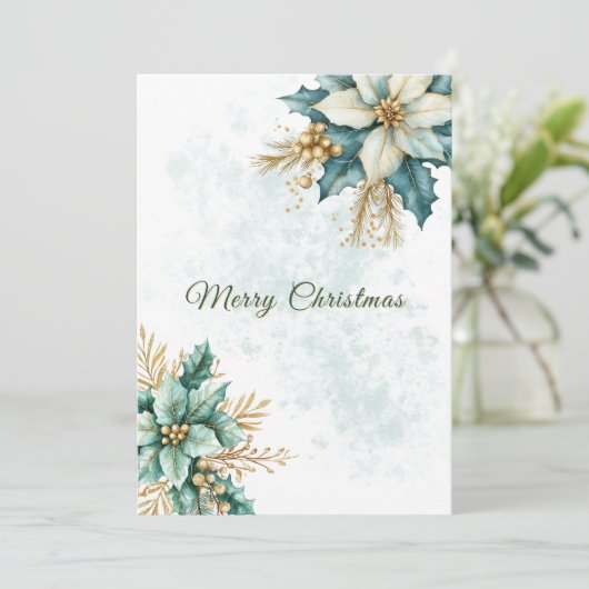 Carte de Noël Turquoise Floral Aquarelle (Debout devant)